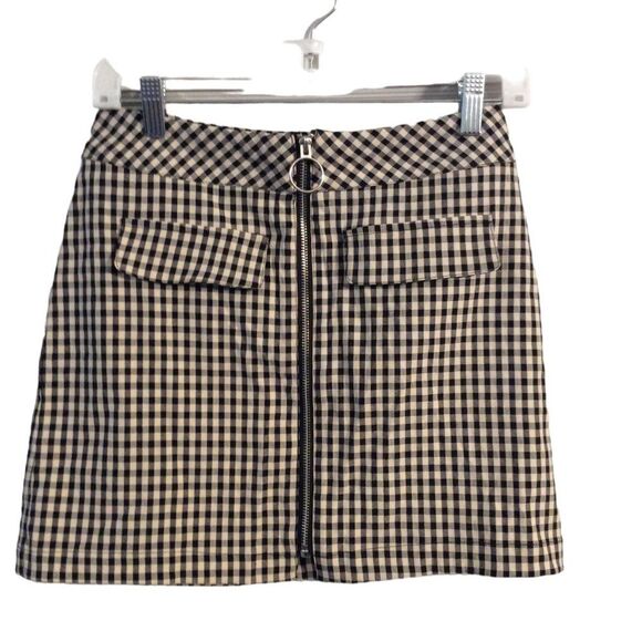Urban Outfitters Medium M womens front zip mini skirt womens black tan check - Picture 1 of 4
